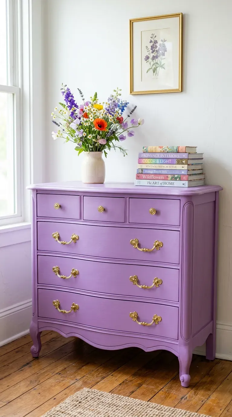 A vintage dresser beautifully painted in a bright, bold lilac color