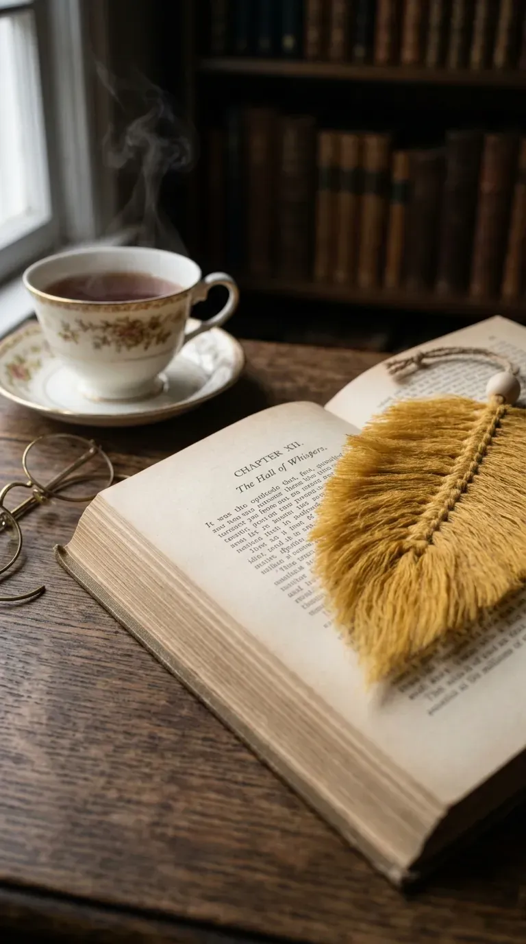 Delicate brushed yarn feather bookmark resting on an open vintage book