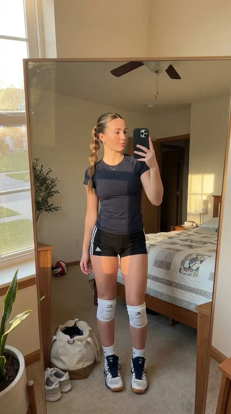 Volleyball Hairstyles Ideas: 15 Cute and Practical Styles for Every Match 6 Volleyball player with a bubble ponytail taking an iPhone mirror selfie.