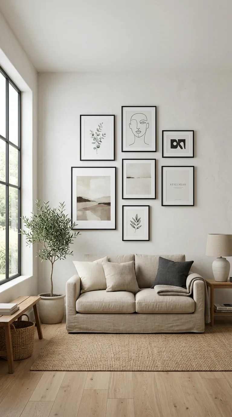 A gallery wall of coordinating black frames with mixed art displayed above a living room sofa