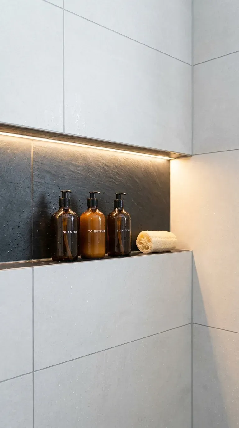 12 Aesthetic Bathroom Decor Ideas for a Gorgeous Space 11 A sleek, tiled shower wall featuring a recessed, built-in storage niche