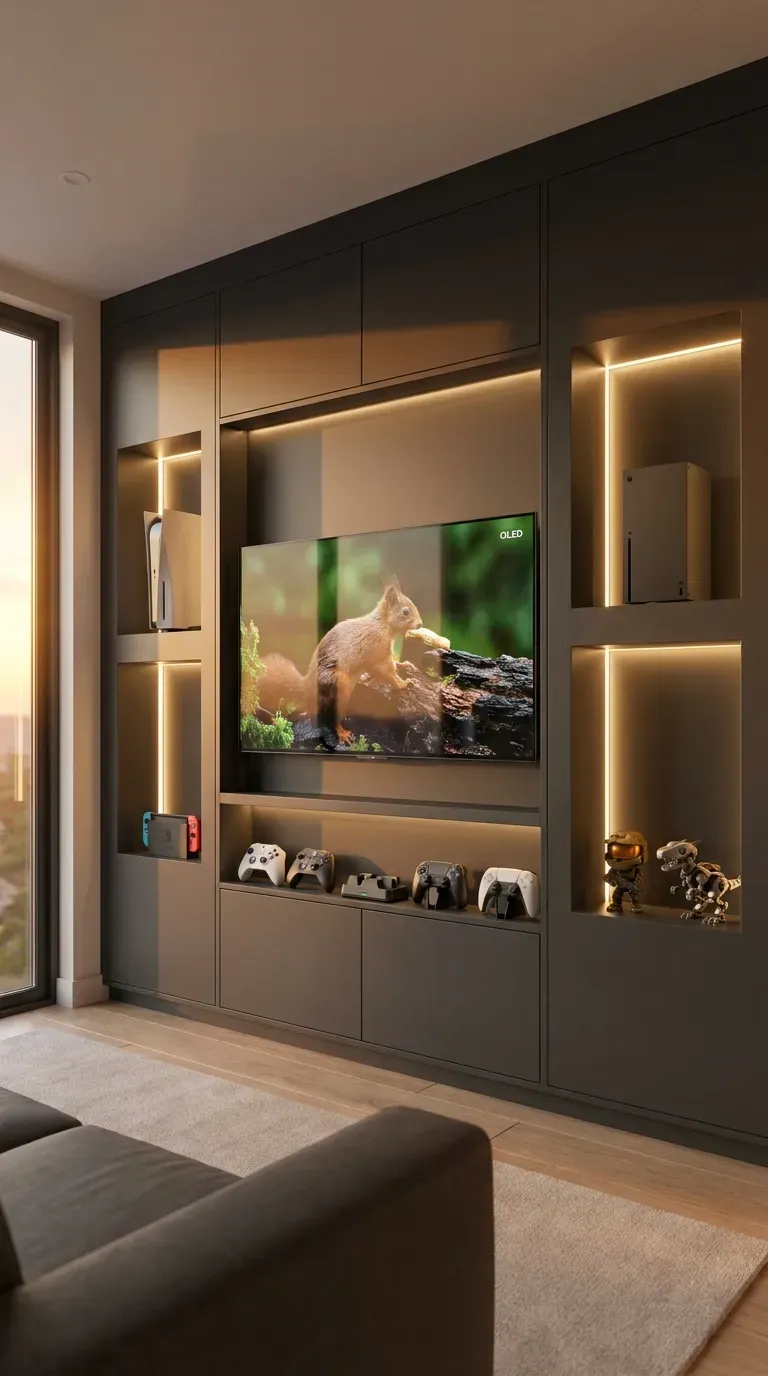 10 Must-Try Gaming Room Ideas That Look Insane 5 A custom built-in media wall displaying various illuminated gaming consoles
