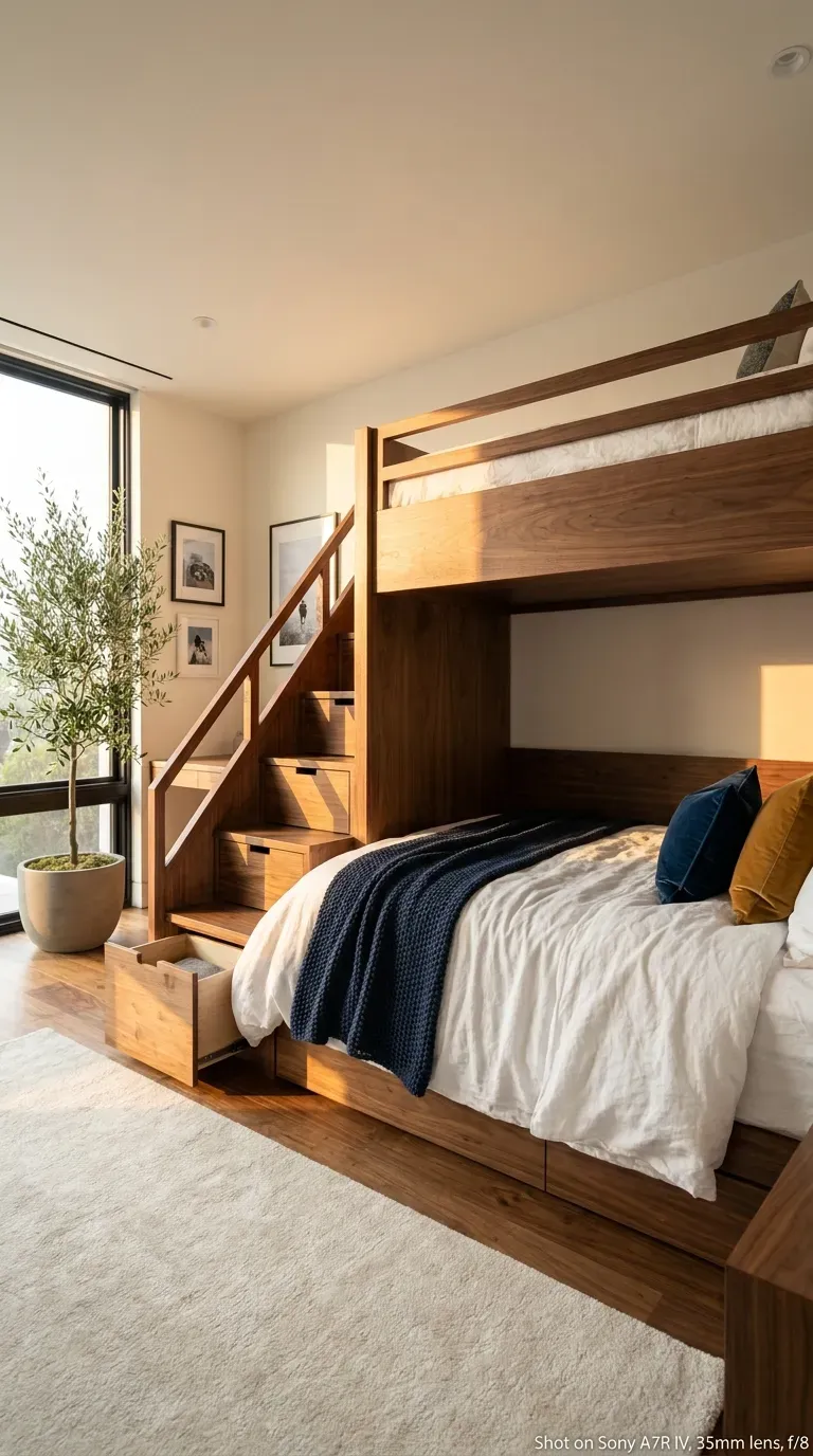 10 Must-Try Bunk Bed Room Ideas That Look Stunning 2 A sleek built-in wooden bunk bed with integrated storage staircase