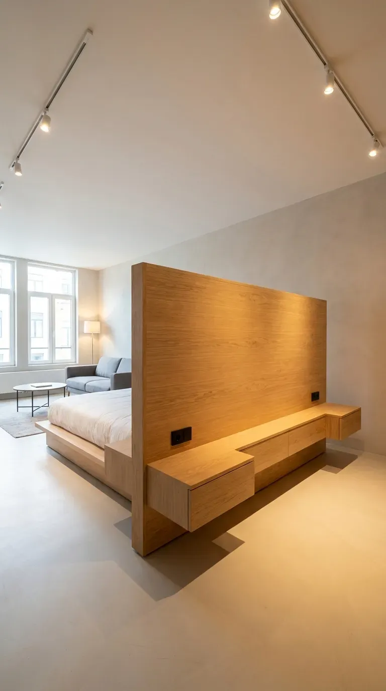 A custom wood headboard that acts as a central room divider