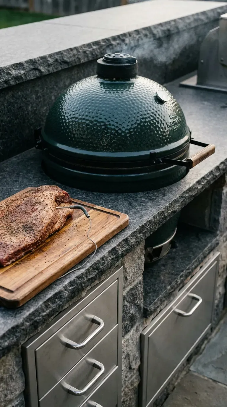 15 Genius Backyard Kitchen Ideas You Need to Try 5 A ceramic Kamado smoker built perfectly into an outdoor kitchen counter