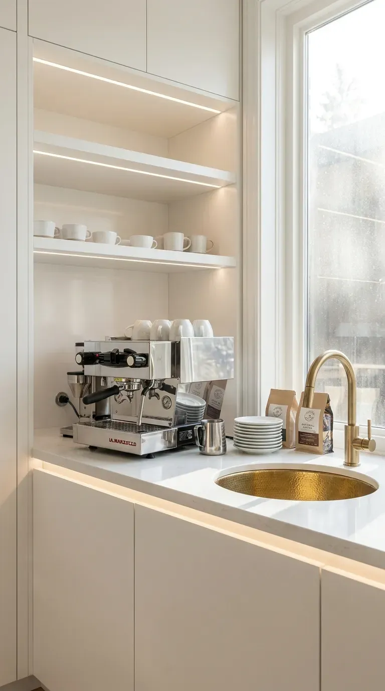 15 Genius Coffee Corner Ideas You Need to Try 6 A custom built-in coffee and espresso bar with a small sink