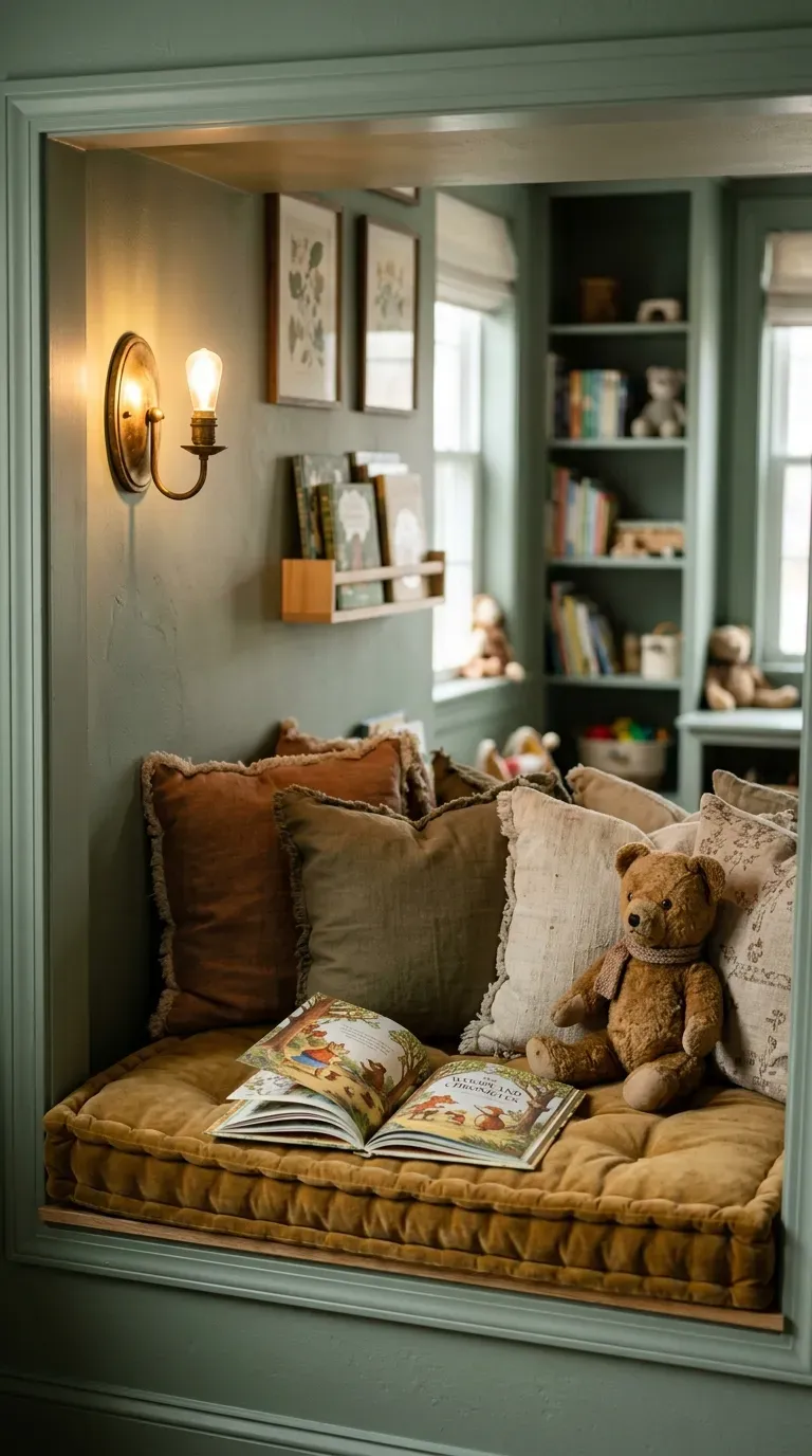 12 Aesthetic Kids Bedroom Ideas for a Dreamy Space 5 Cozy built-in reading nook with green cushions