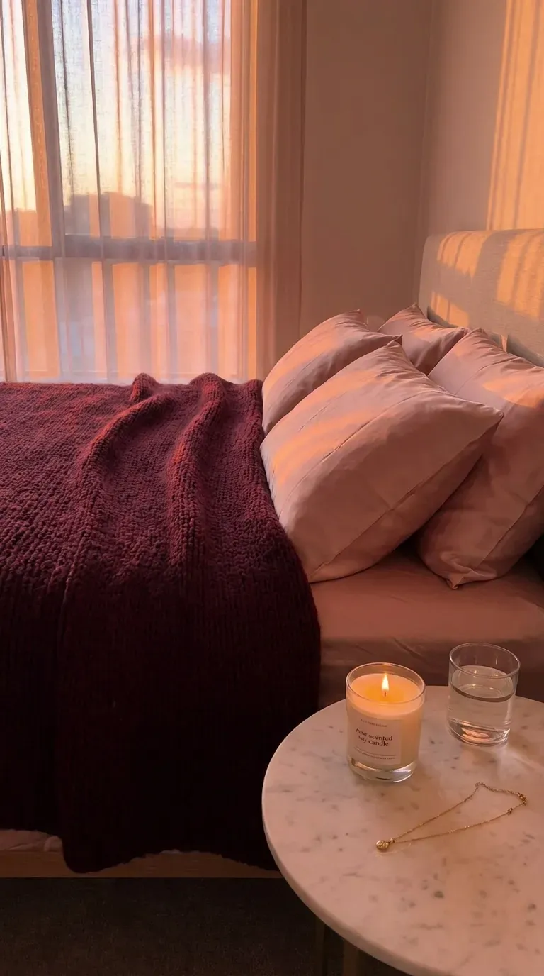 A romantic bed styled with deep burgundy blankets and soft blush pink pillows
