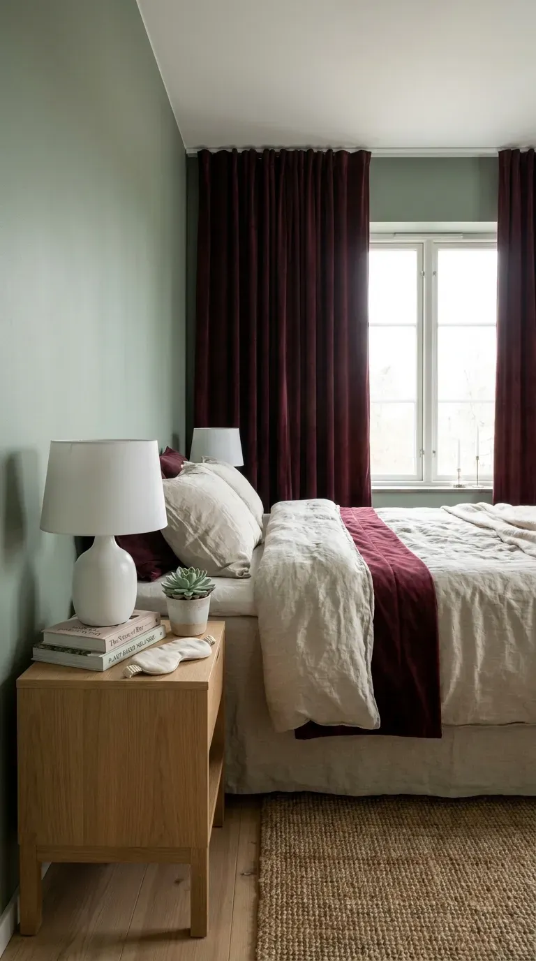 A bedroom combining deep burgundy textiles with soft sage green walls