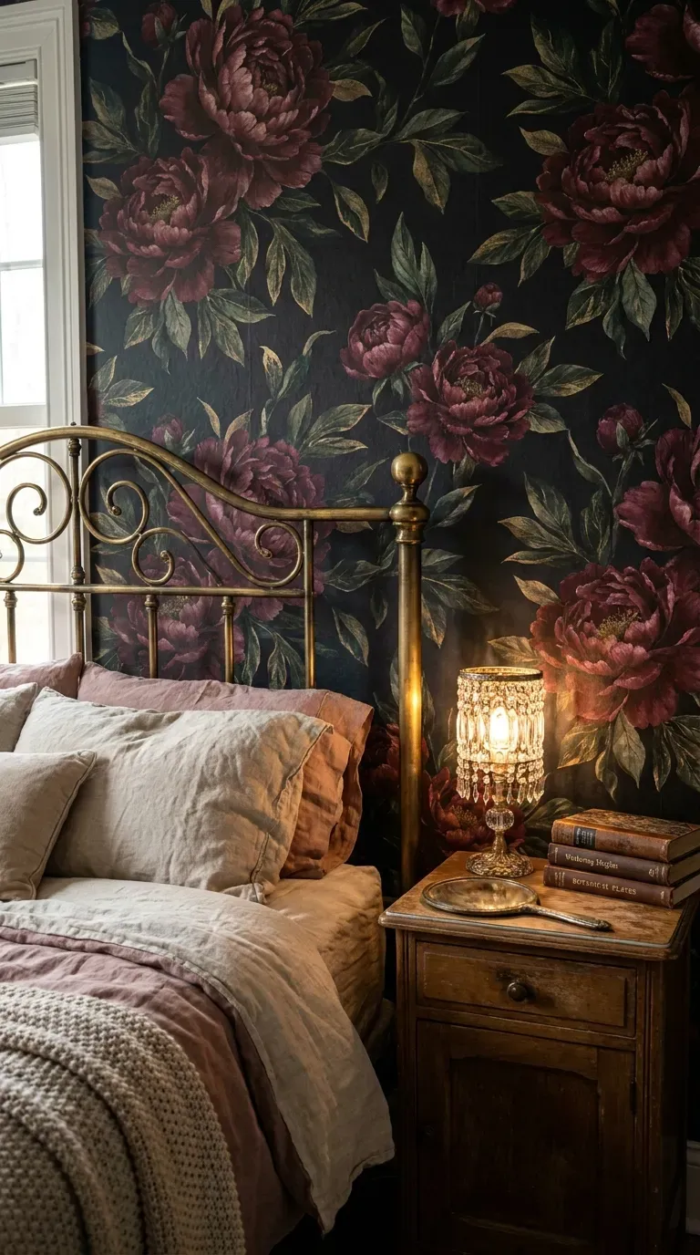 A romantic bedroom featuring dark, moody burgundy floral botanical wallpaper