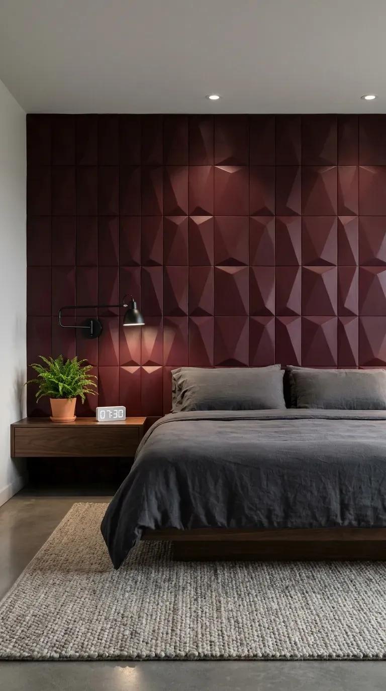 A stunning bedroom accent wall featuring 3D geometric paneling painted burgundy