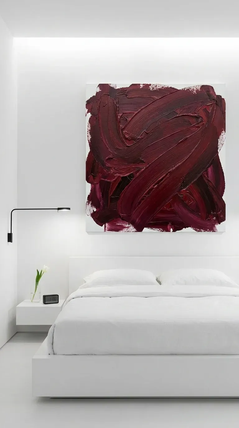A bright minimalist bedroom featuring a large abstract canvas with bold burgundy brushstrokes