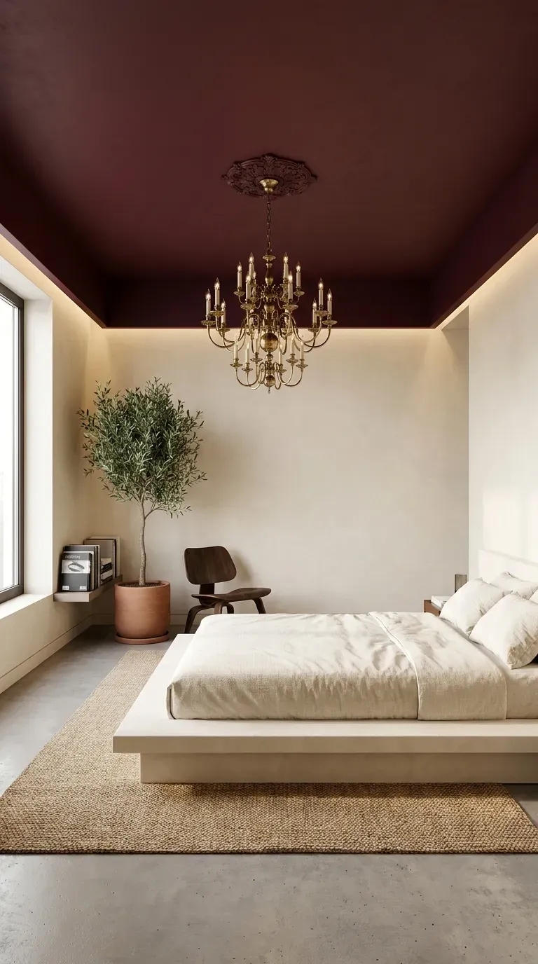 A bedroom featuring a deep burgundy painted ceiling and soft cream walls