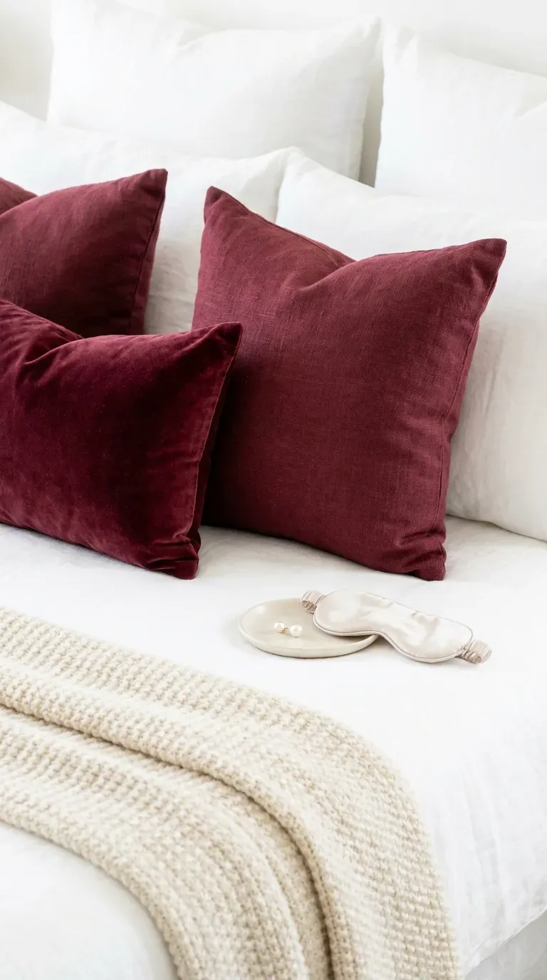 A pristine white bed accented with rich, textured burgundy throw pillows