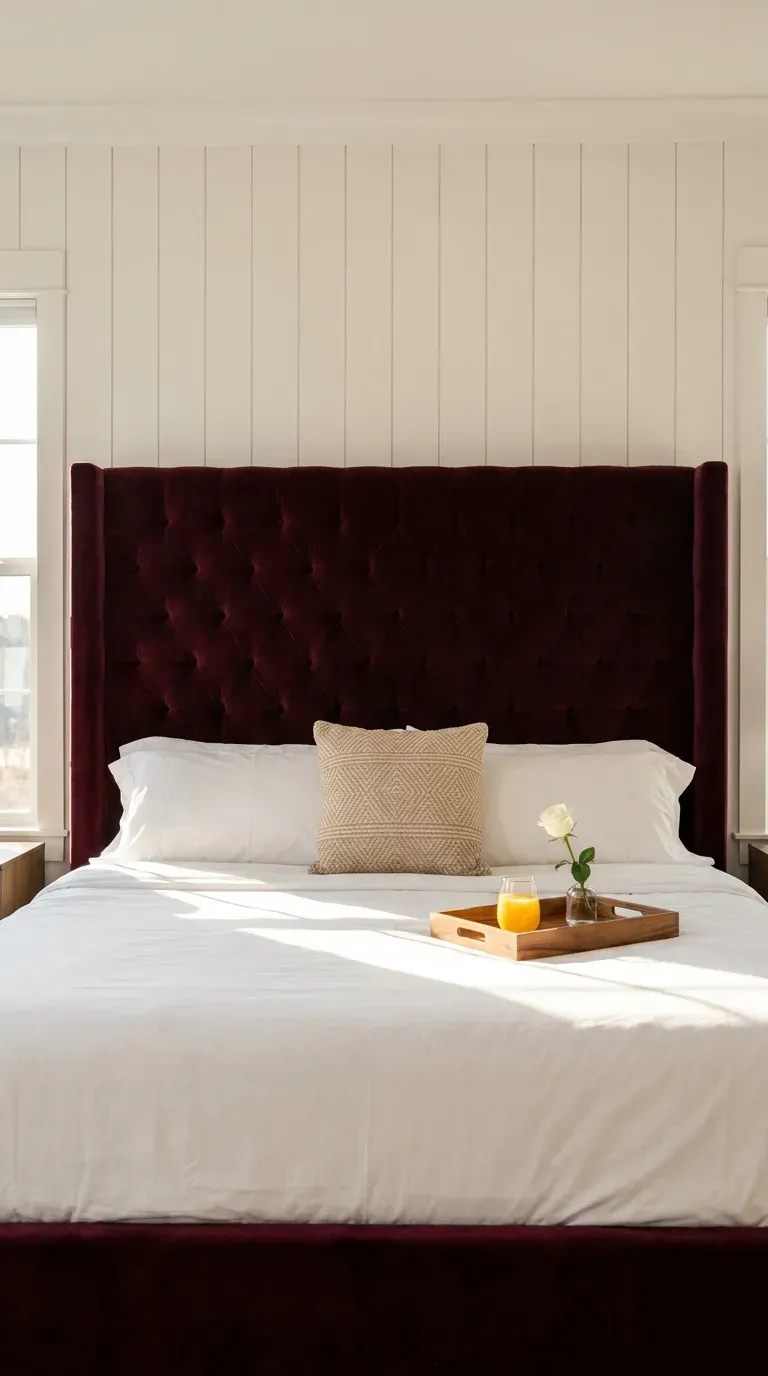 A luxurious tall, tufted burgundy velvet headboard in a bright bedroom