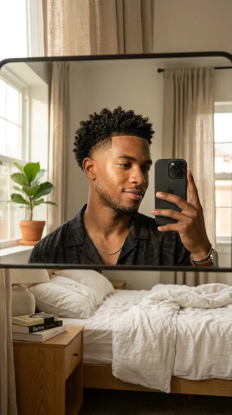 7 Haircut Ideas for Black Men That Are Stylish, Sharp, and Always on Trend 3 Black man with a burst fade and curls taking an iPhone mirror selfie.