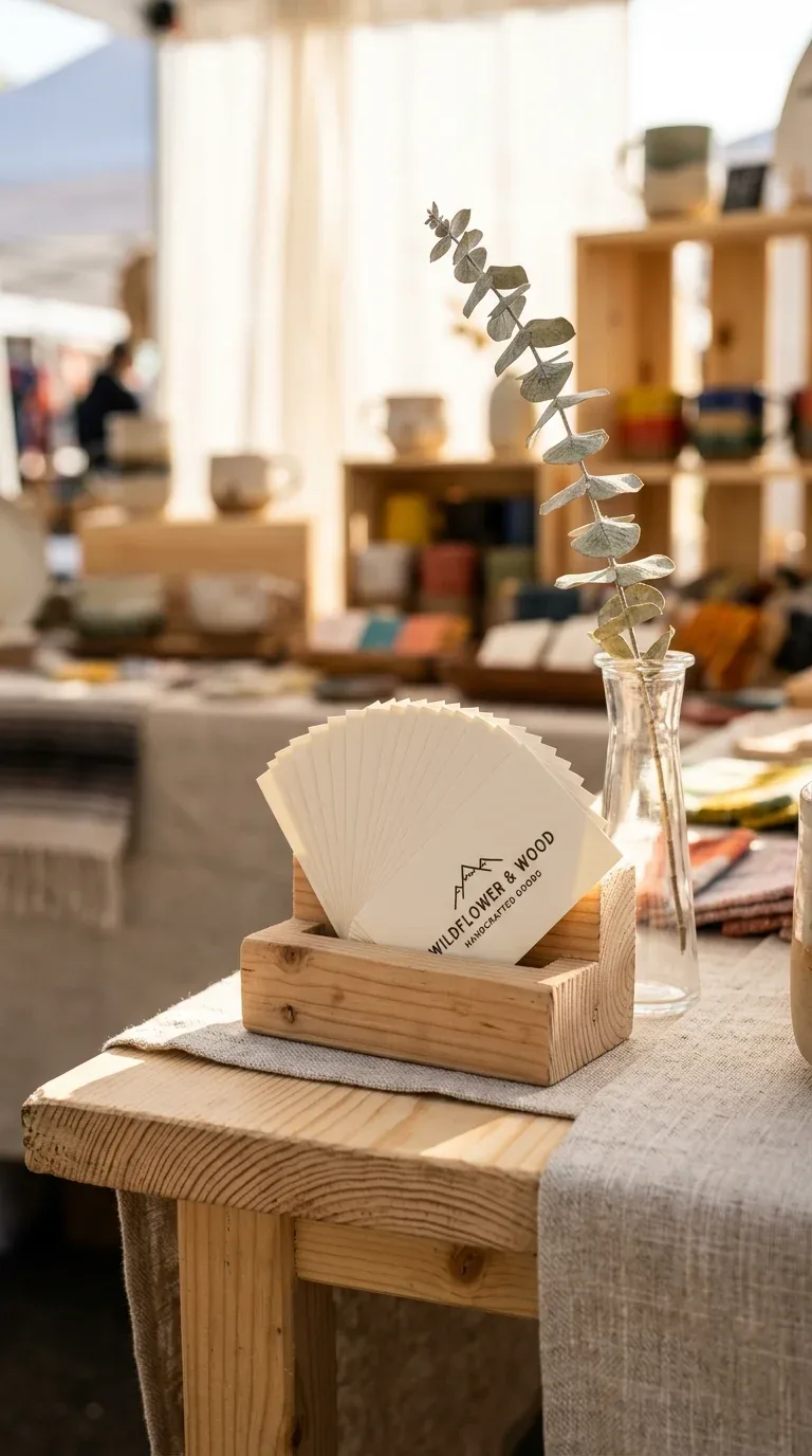 17 Creative Craft Booth Ideas for First-Time Vendors 13 A small wooden tray of branded business cards displayed at the front edge of a craft booth