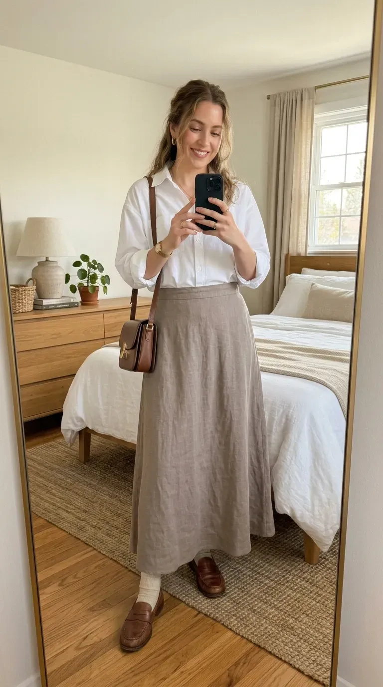 Woman wearing a button-down shirt with a maxi skirt taking an iPhone mirror selfie.