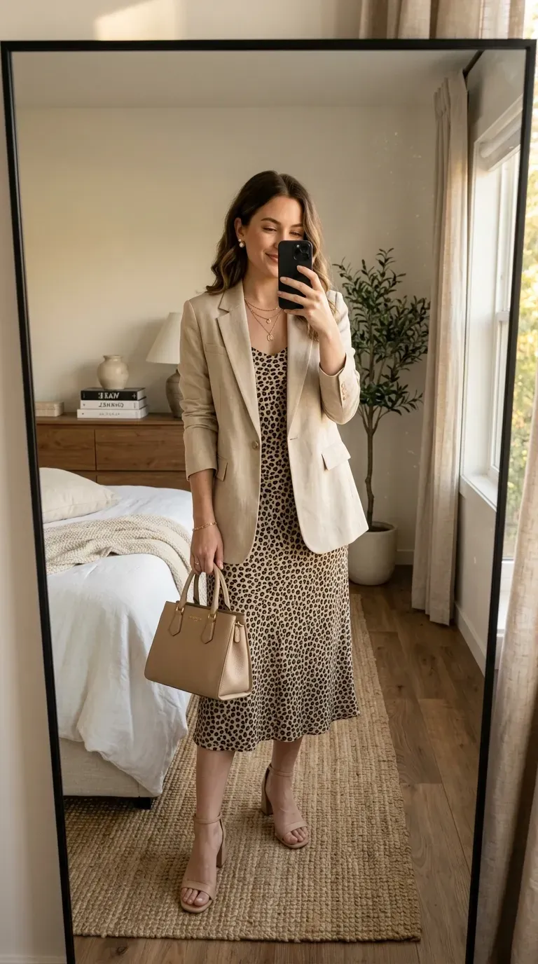 Woman layering a camel coat over a leopard print outfit with boots.