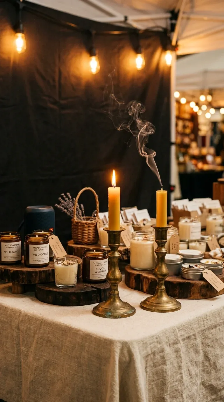 17 Creative Craft Booth Ideas for First-Time Vendors 14 A lit candle creating atmosphere and scent at a craft fair booth display table