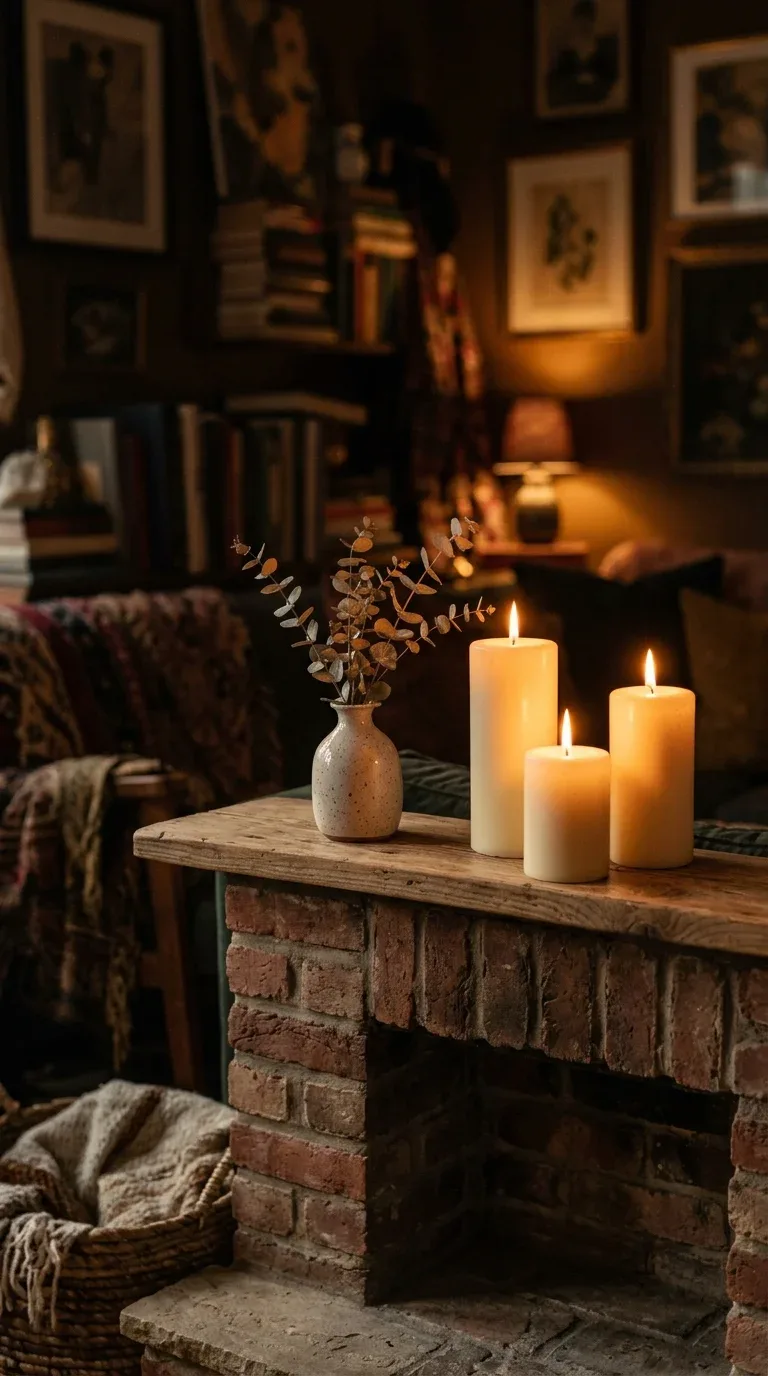 Grouped pillar candles providing warm ambiance on a living room mantle in the evening