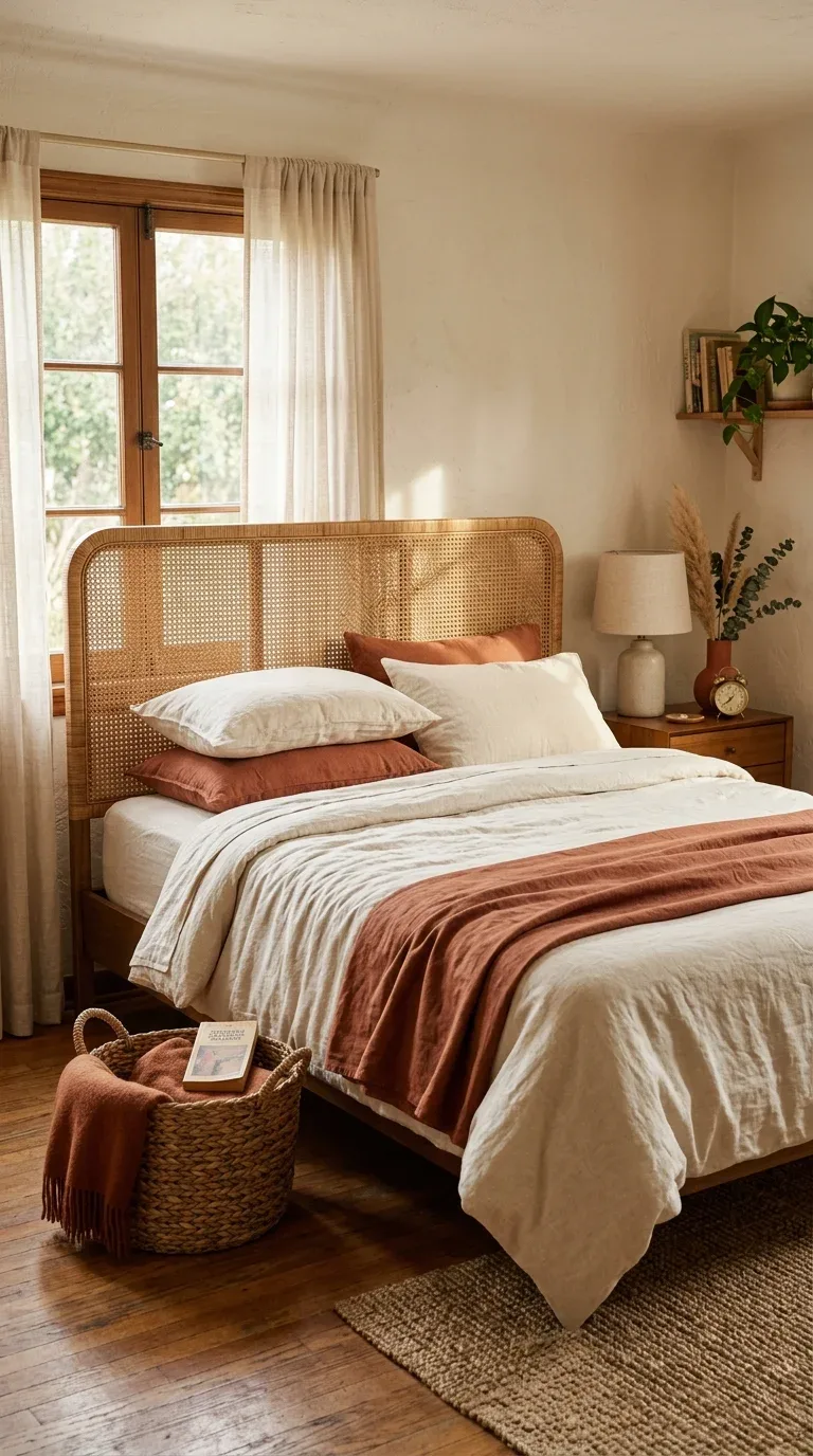 15 Vintage Bedroom Designs for a Cozy Retreat 10 A vintage cane headboard styled behind a bed with warm natural bedding