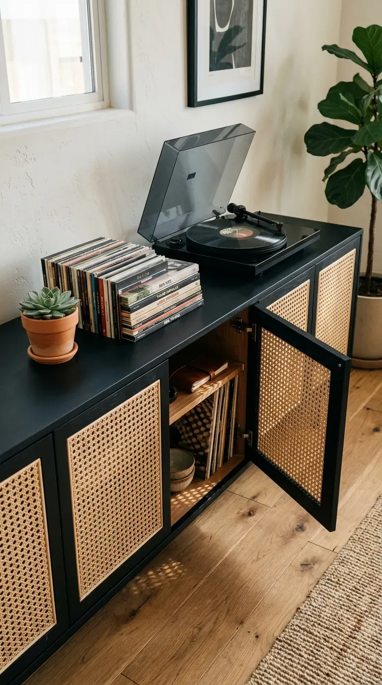 A black media console with beautiful woven cane webbing door inserts