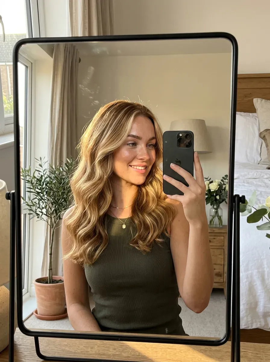 7 Caramel Hair Color Ideas That Add Warmth, Shine, and Dimension 8 Woman with caramel blonde hair taking an iPhone mirror selfie.