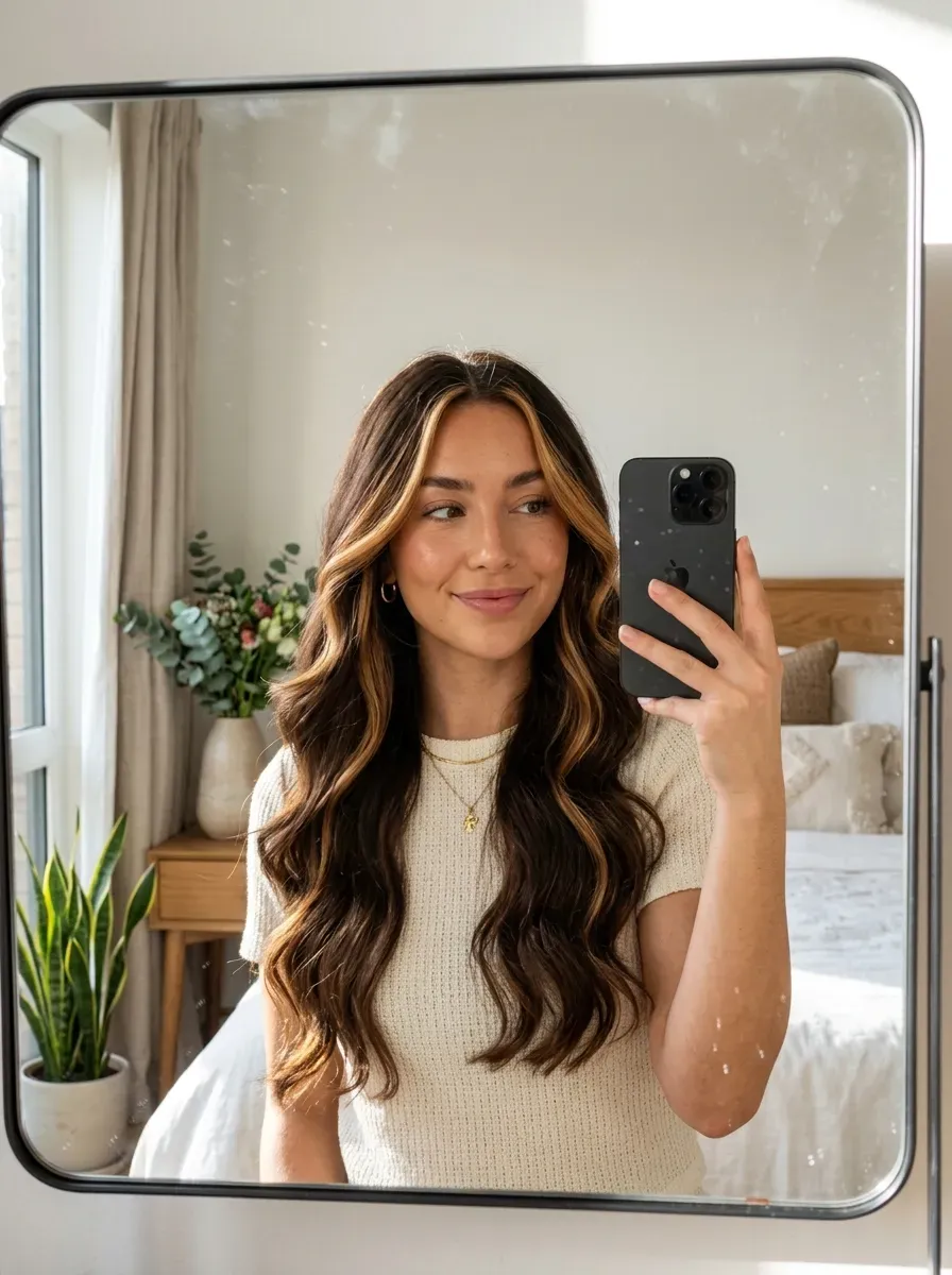 7 Caramel Hair Color Ideas That Add Warmth, Shine, and Dimension 5 Woman with a caramel money piece taking an iPhone mirror selfie.