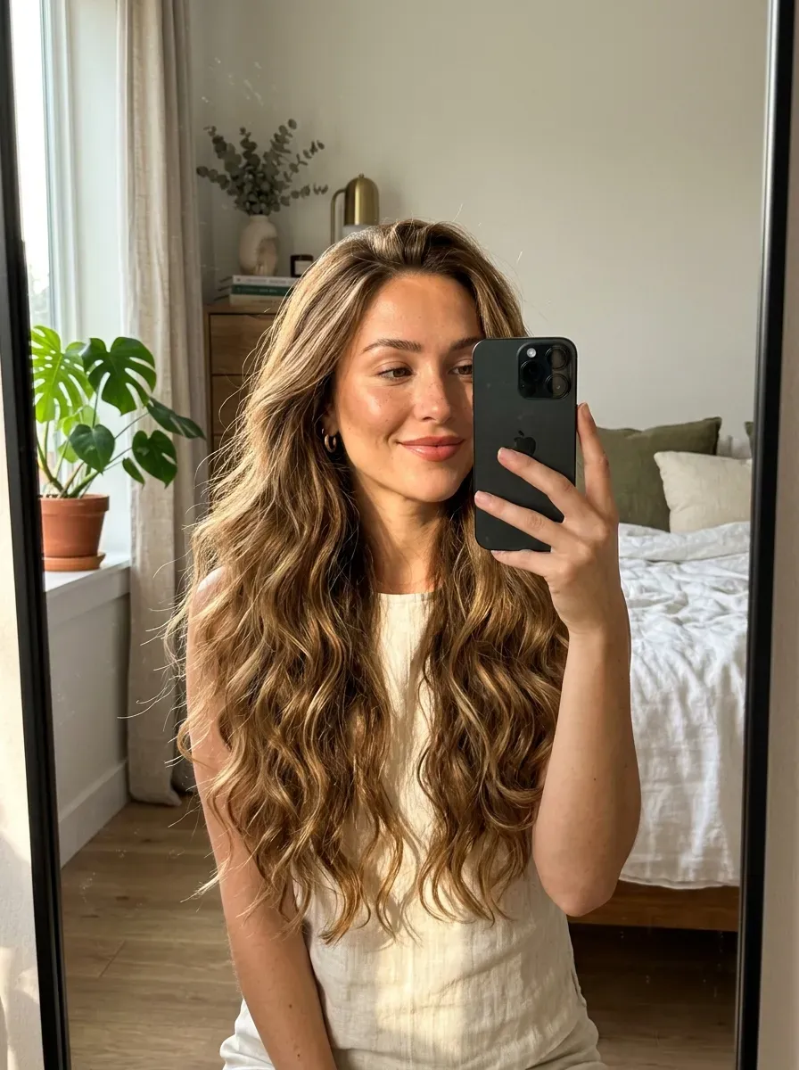 7 Caramel Hair Color Ideas That Add Warmth, Shine, and Dimension 7 Woman with caramel waves taking an iPhone mirror selfie.