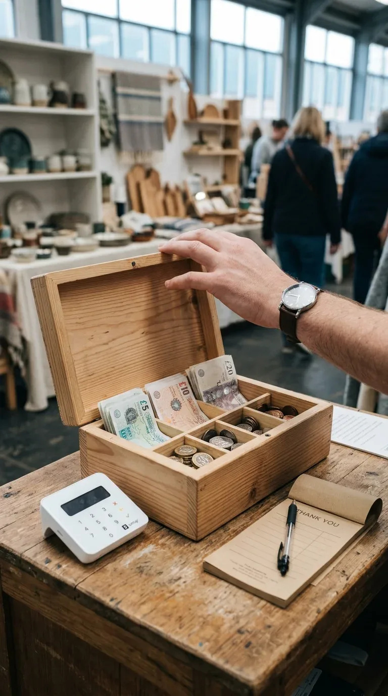 17 Creative Craft Booth Ideas for First-Time Vendors 17 A neat payment setup with a card reader and wooden cash box at a craft fair booth