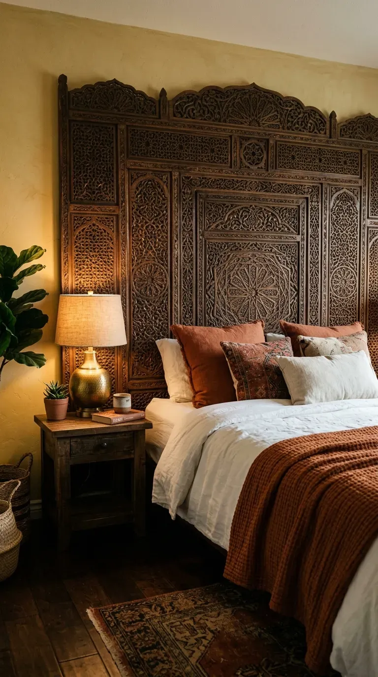 15 Genius Bohemian Home Decor Ideas You Need to Try 7 An intricate hand-carved wooden room divider in a boho bedroom