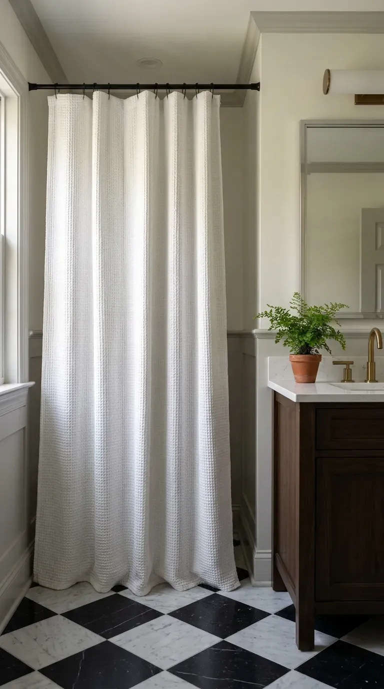 12 Aesthetic Bathroom Decor Ideas for a Gorgeous Space 9 A tall, elegant white textured shower curtain hanging from the ceiling