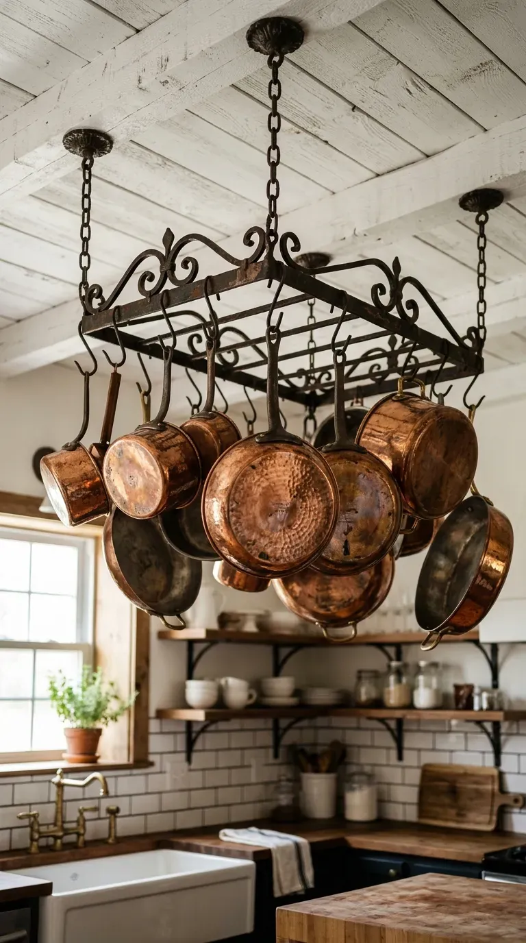 A rustic ceiling-mounted rack hanging with shiny copper pots and pans