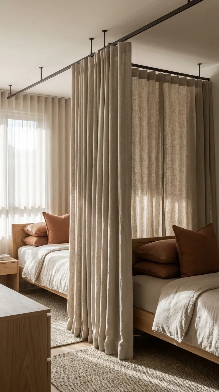 15 Genius Shared Bedroom Ideas You Need to Try 7 Heavy linen privacy curtains hanging from a ceiling track in a bedroom