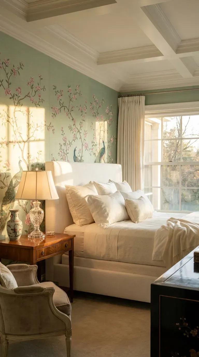 15 Gorgeous Green Aesthetic Wallpaper Ideas You Need to Try 8 An elegant primary bedroom featuring celadon green Chinoiserie wallpaper