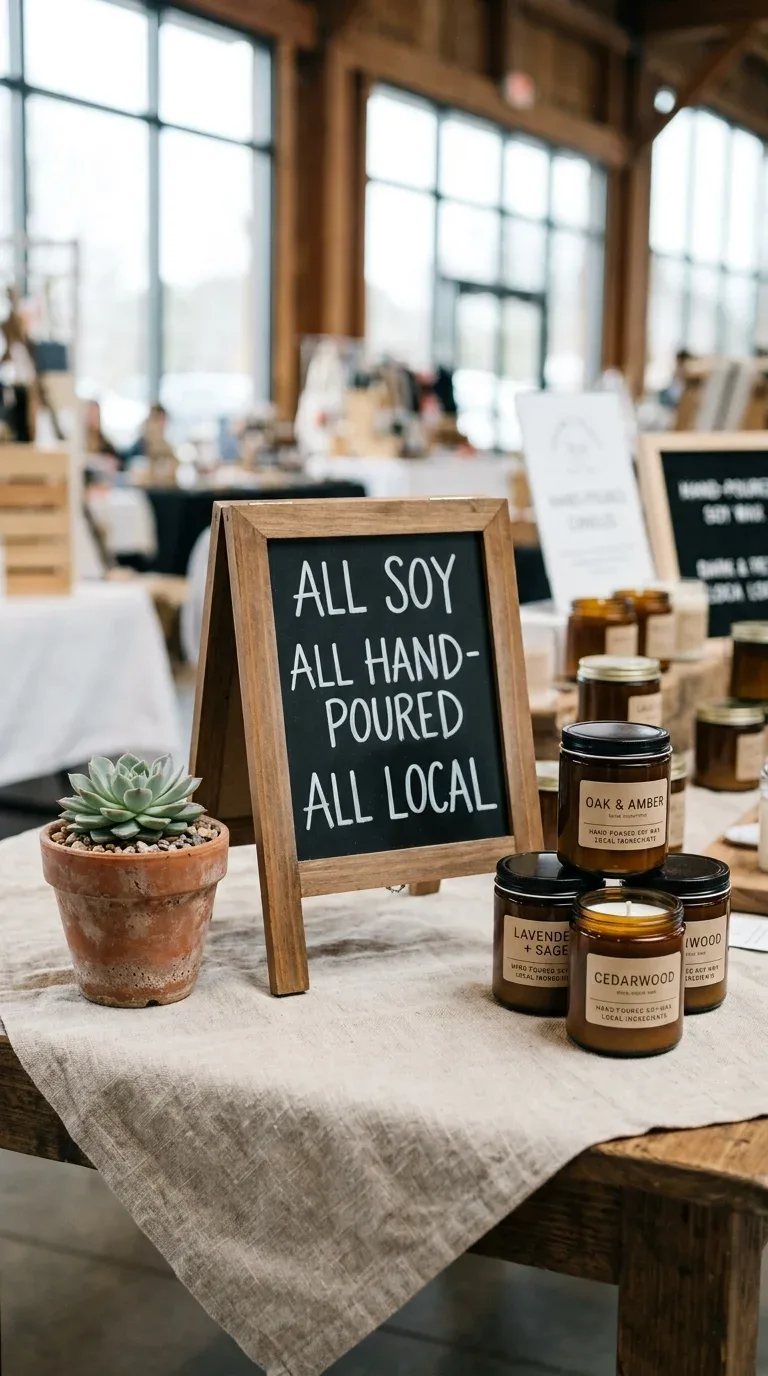 17 Creative Craft Booth Ideas for First-Time Vendors 12 A small chalkboard sign on a craft booth table sharing a brand story in chalk lettering