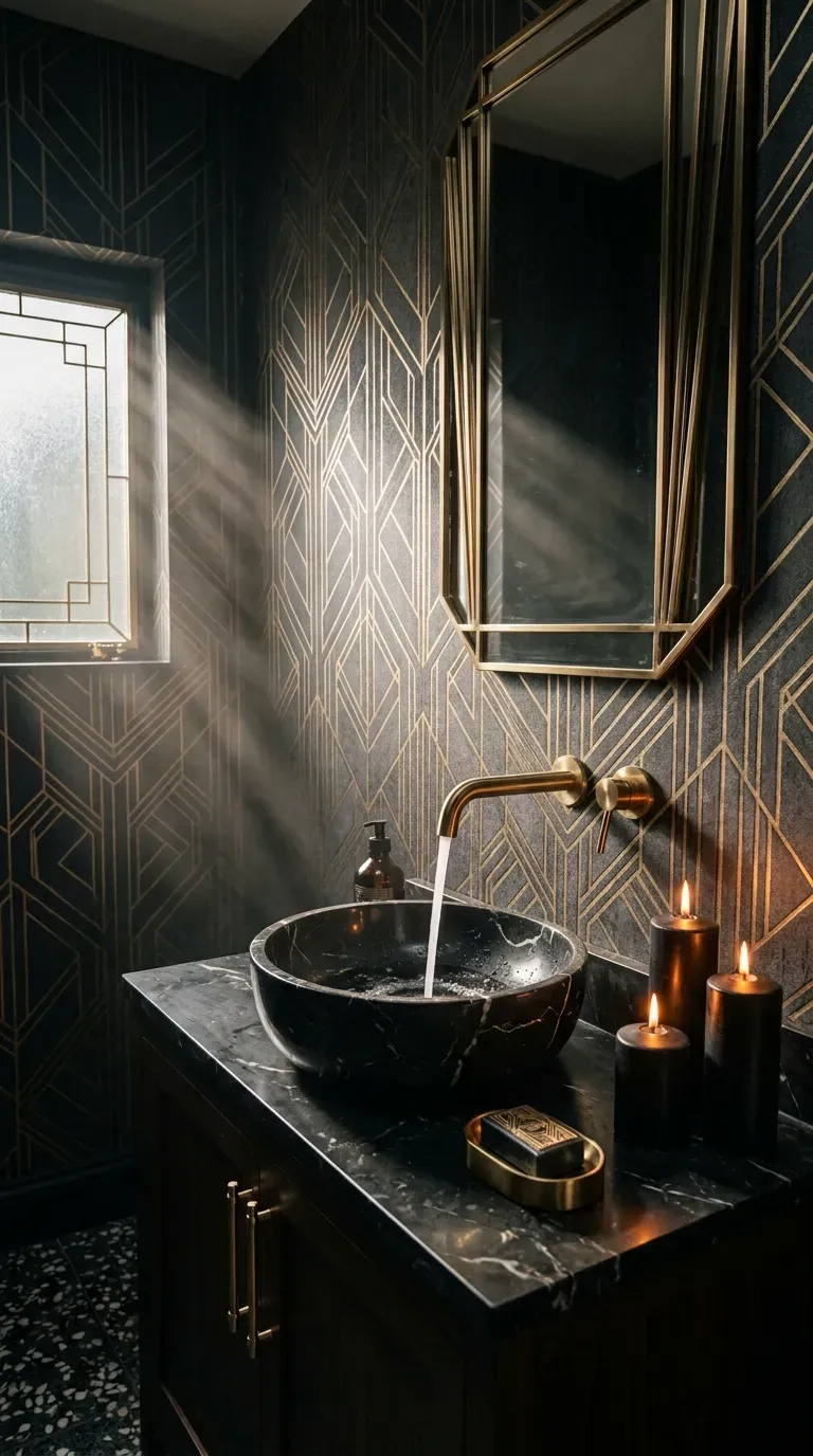 10 Must-Try Bathroom Wallpaper Ideas That Look Expensive 5 A dark Art Deco bathroom featuring charcoal and gold geometric patterned wallpaper