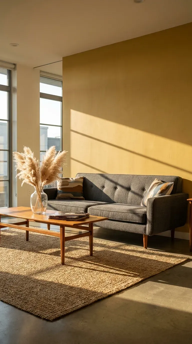 12 Genius Yellow and Gray Color Combo Ideas You Need to Try 8 A modern living room with an ochre yellow wall and a charcoal gray sofa