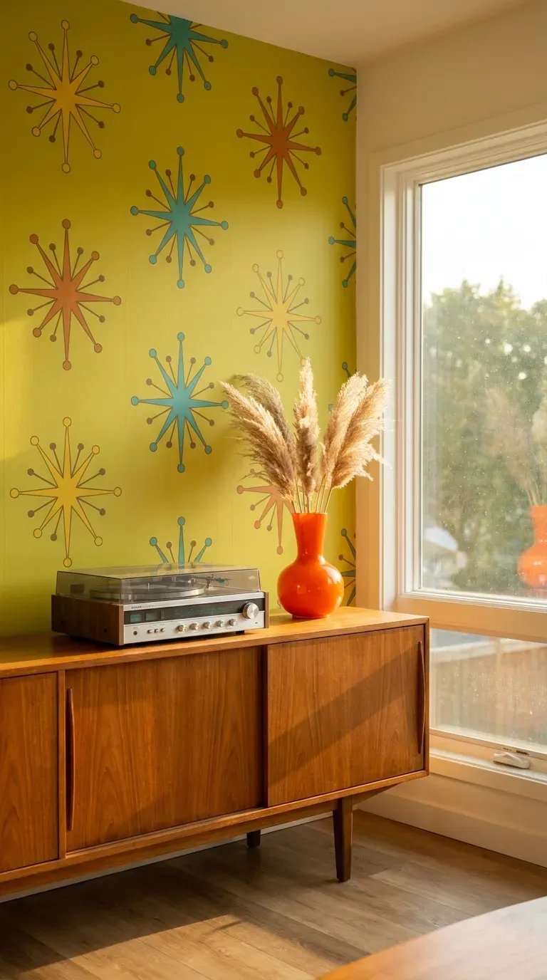 15 Gorgeous Green Aesthetic Wallpaper Ideas You Need to Try 14 A retro living room featuring bright chartreuse mid-century starburst wallpaper
