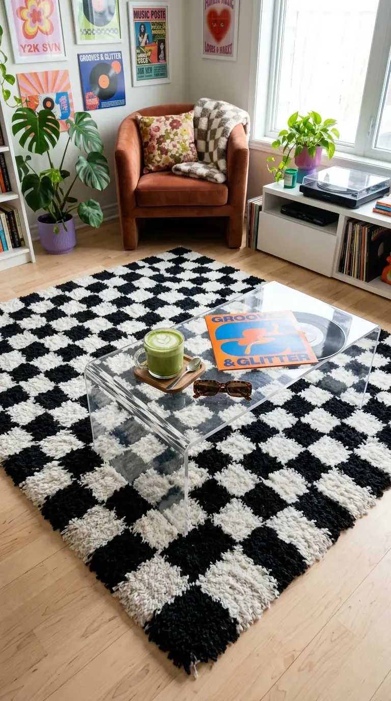 15 Genius Aesthetic Room Ideas You Need to Try 7 A fluffy black and white checkered area rug on a wooden floor
