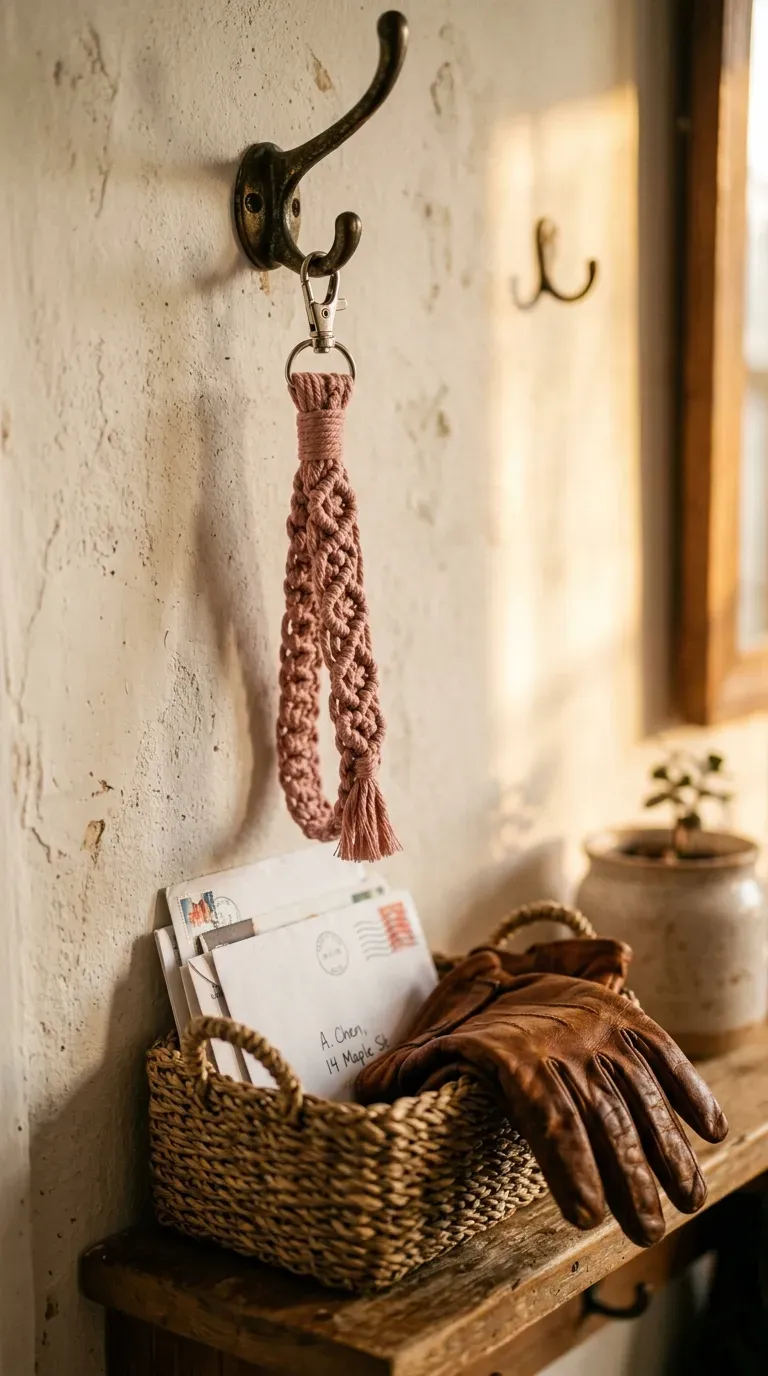 A dusty pink macrame wristlet lanyard held gracefully by a hand
