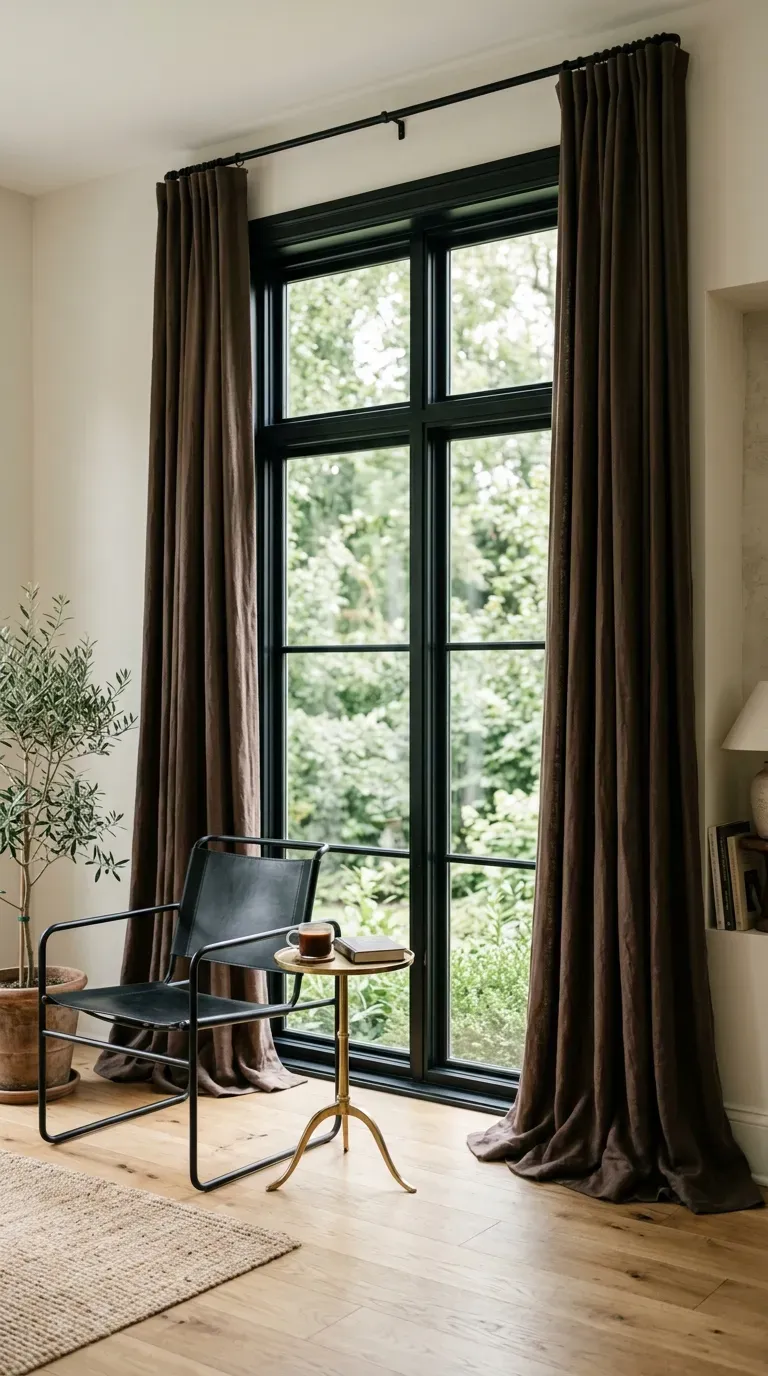 12 Black and Brown Living Room Designs That Will Transform Your Home 12 Floor-to-ceiling chocolate brown drapes framing bold black painted window casings