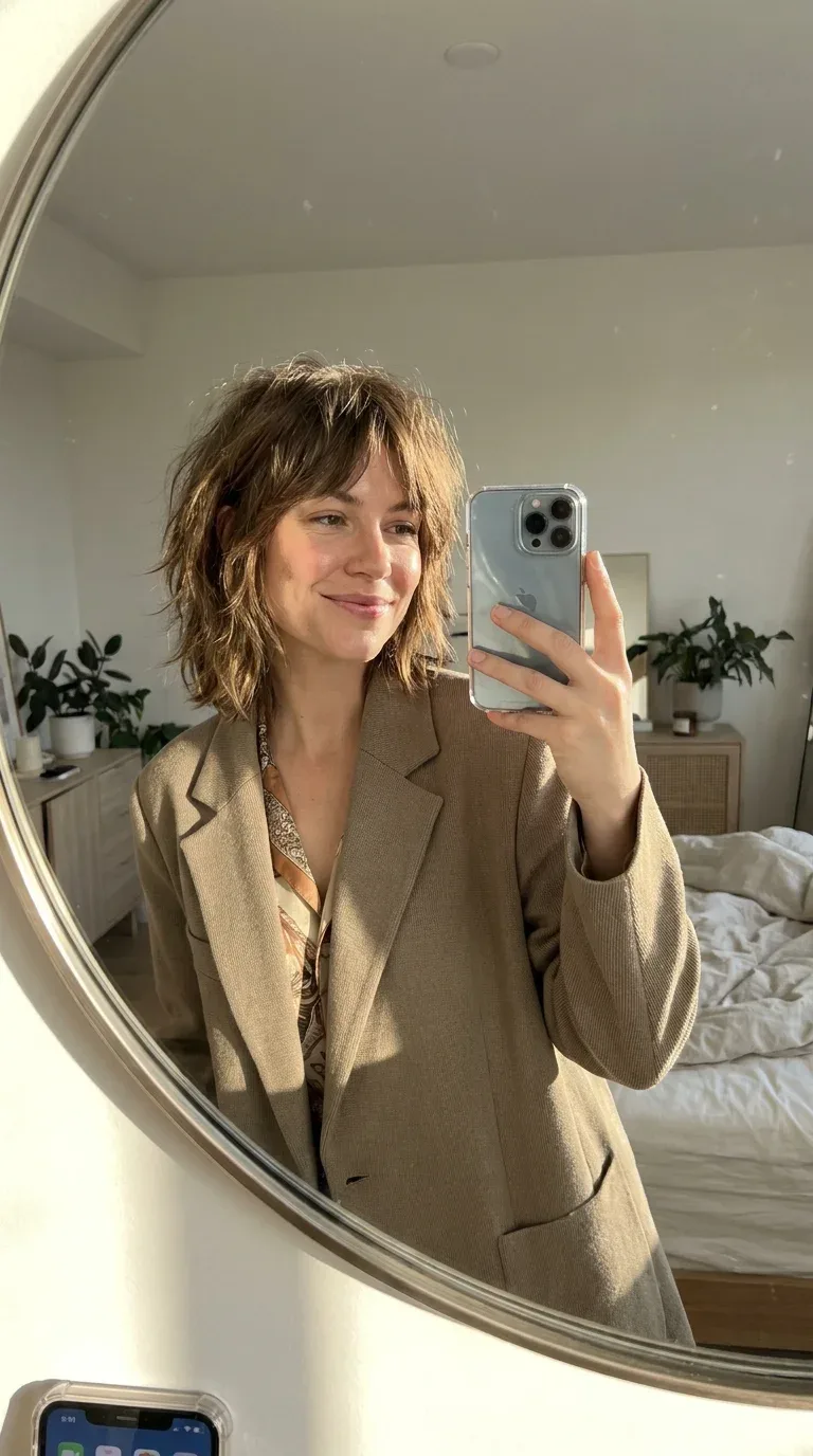 Woman with a choppy shaggy lob hairstyle taking an iPhone mirror selfie.