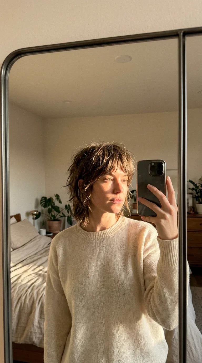Woman with a choppy shaggy haircut taking an iPhone mirror selfie.