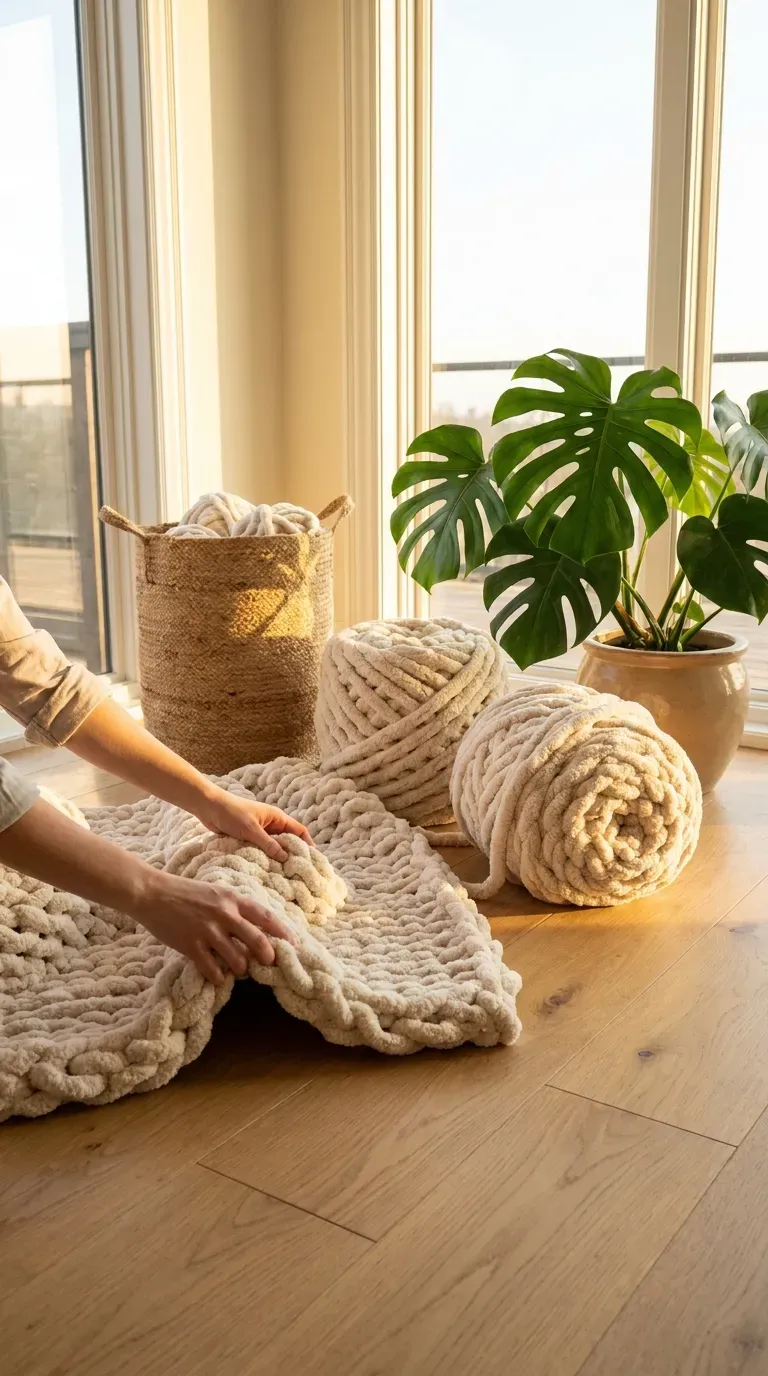12 Stunning Adult Craft Kits That Will Boost Your Creativity 10 Hands weaving giant cream chenille yarn into a chunky blanket on a Scandinavian wooden floor