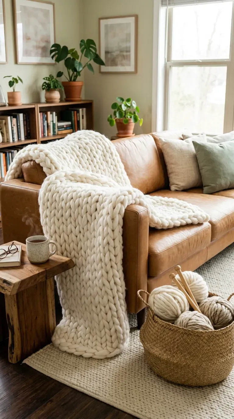 Cozy white chunky hand-knit blanket draped over a modern sofa