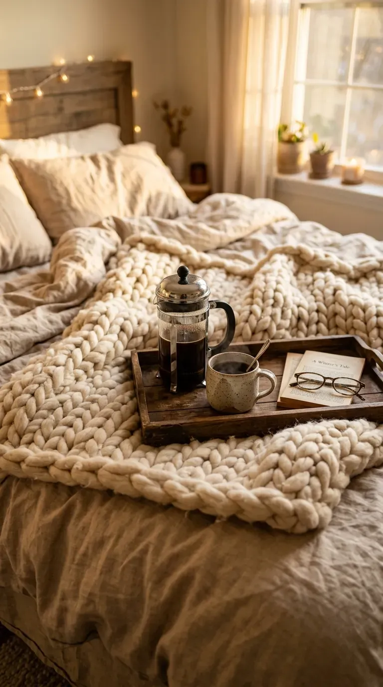 15 Genius Aesthetic Room Ideas You Need to Try 9 A messy bed draped with a massive cream chunky knit throw blanket