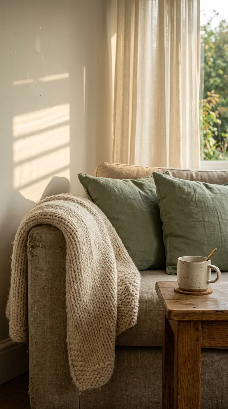 A chunky cream knit throw blanket draped over the arm of a living room sofa