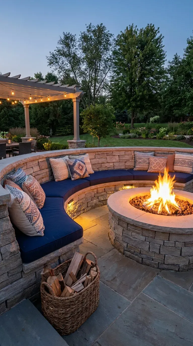 14 Genius Outdoor Fire Pit Ideas You Need to Try 5 A built-in stone fire pit surrounded by curved masonry bench seating